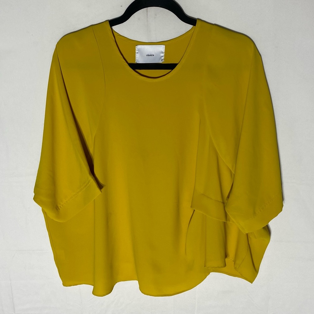 Oakie Campre Oversized Yellow Silk Half Sleeve Scoop Neck Lagenlook Blouse S